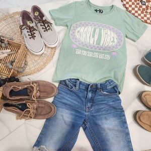 [ COTTON ON] boys green size 9-10,  short sleeve t-shirt checkered/"GNARLY VIBES